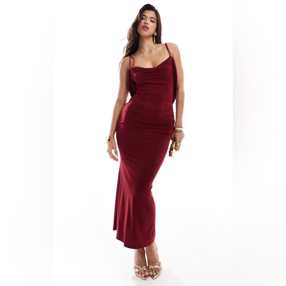 ASOS DESIGN slinky cowl double strap cami midi dress in burgundy